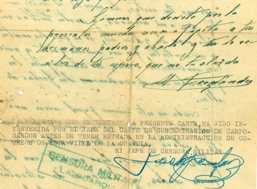 Extracto de la carta de Marcelino Fernández en la que adjuntaba una pulsera que fue intervenida por la censura militar