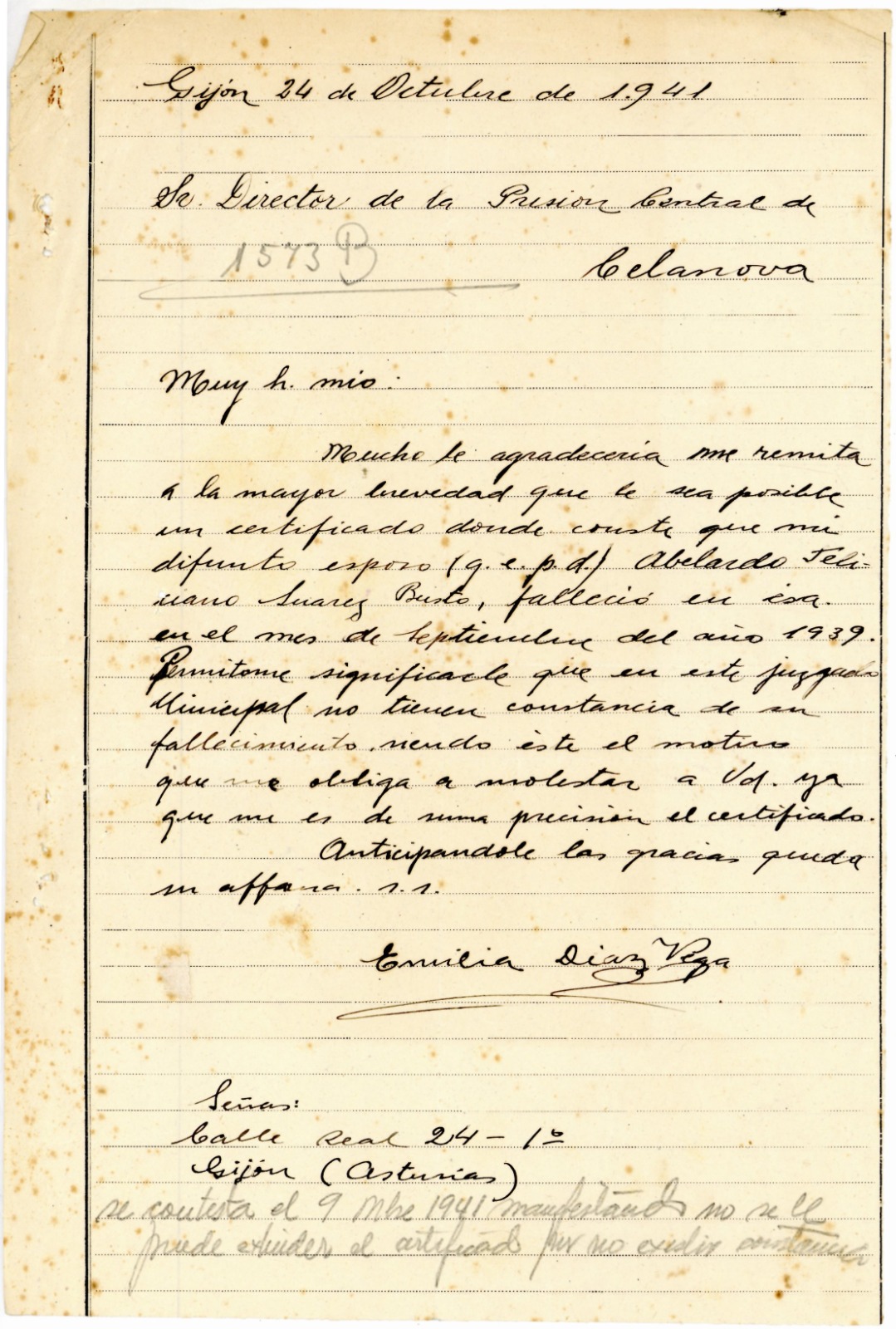 Otra de las cartas remitidas por Emilia Díaz reclamando el certificado de defunción de su marido Abelardo Suárez del Busto