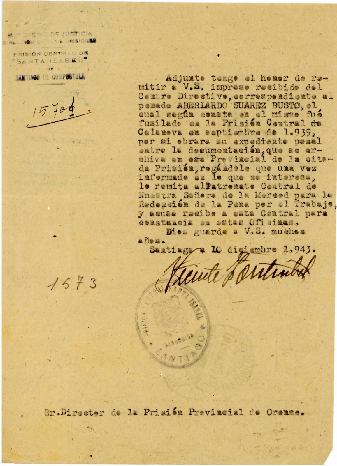 Confirmación del fusilamiento y muerte de Abelardo Suárez del Busto. Diciembre de 1943