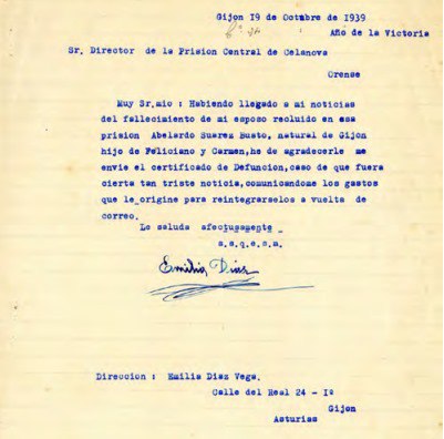 Carta remitida por Emilia Díaz reclamando el certificado de defunción de su marido Abelardo Suárez del Busto
